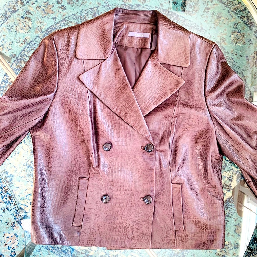 ✨Liz Claiborne✨Brown Croc Embossed Double-Breasted Leather Jacket W/Pock…